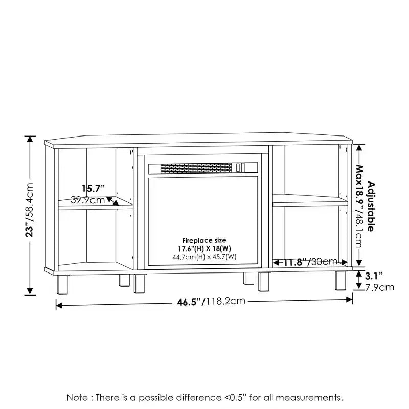 Mueble esquinero para TV Americano con chimenea eléctrica, 4 compartimentos abiertos, se adapta a TV de hasta 55", montaje para 1 persona