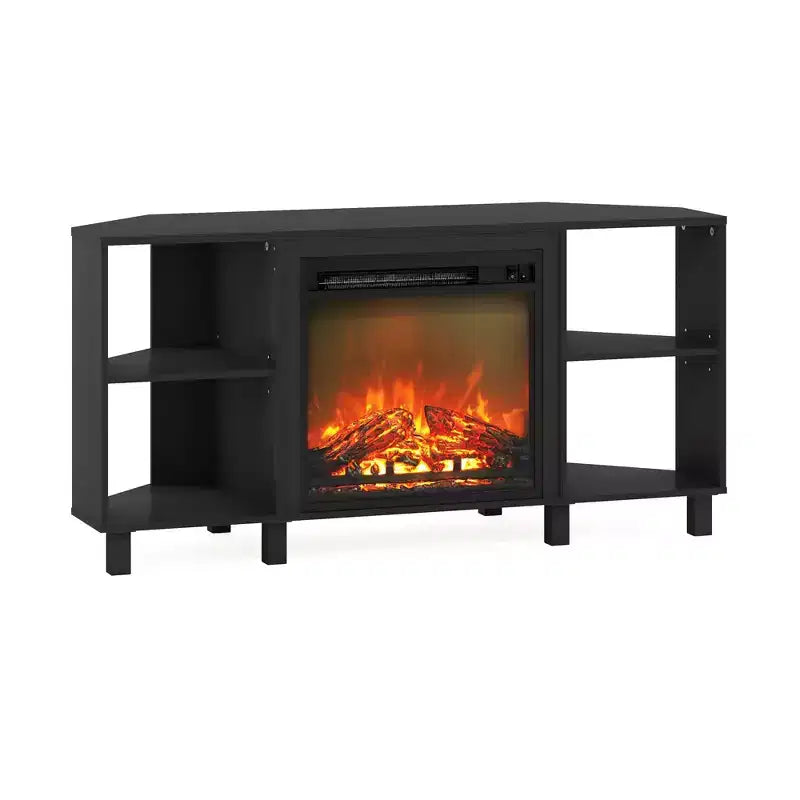 Mueble esquinero para TV Americano con chimenea eléctrica, 4 compartimentos abiertos, se adapta a TV de hasta 55", montaje para 1 persona