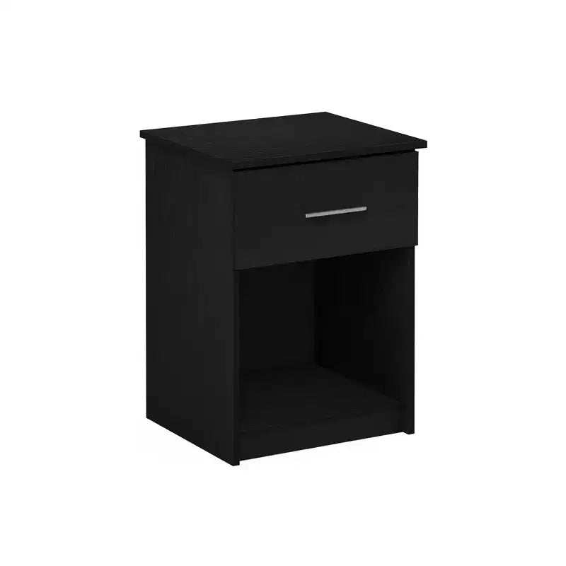 Mesita de noche de madera negra con cajón y estante abierto, para 1 persona