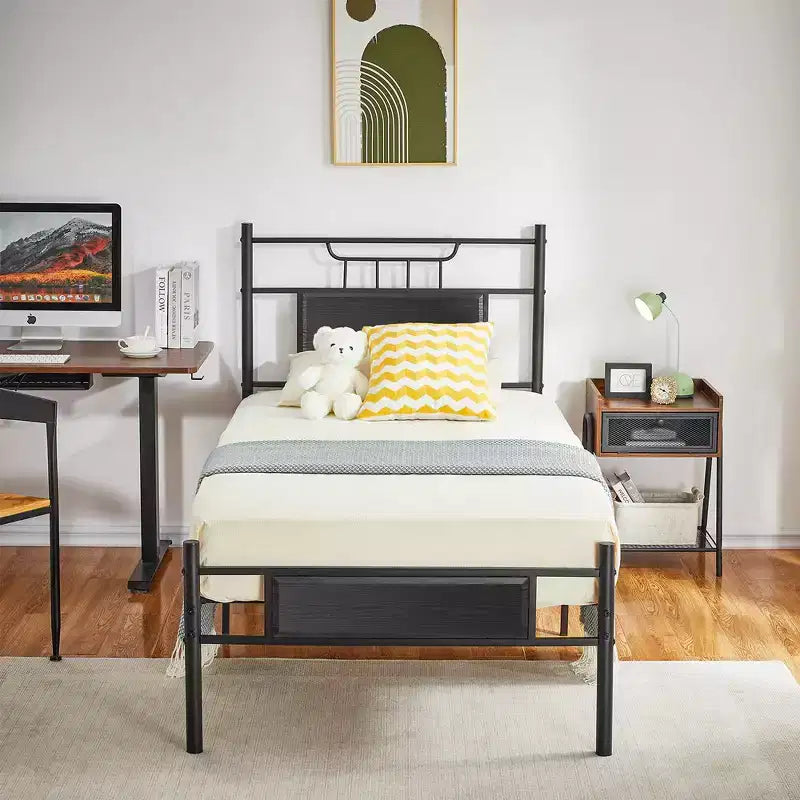 Base de cama de metal con cabecero de vetas de madera, gris/negro/marrón, individual/matrimonial/Queen