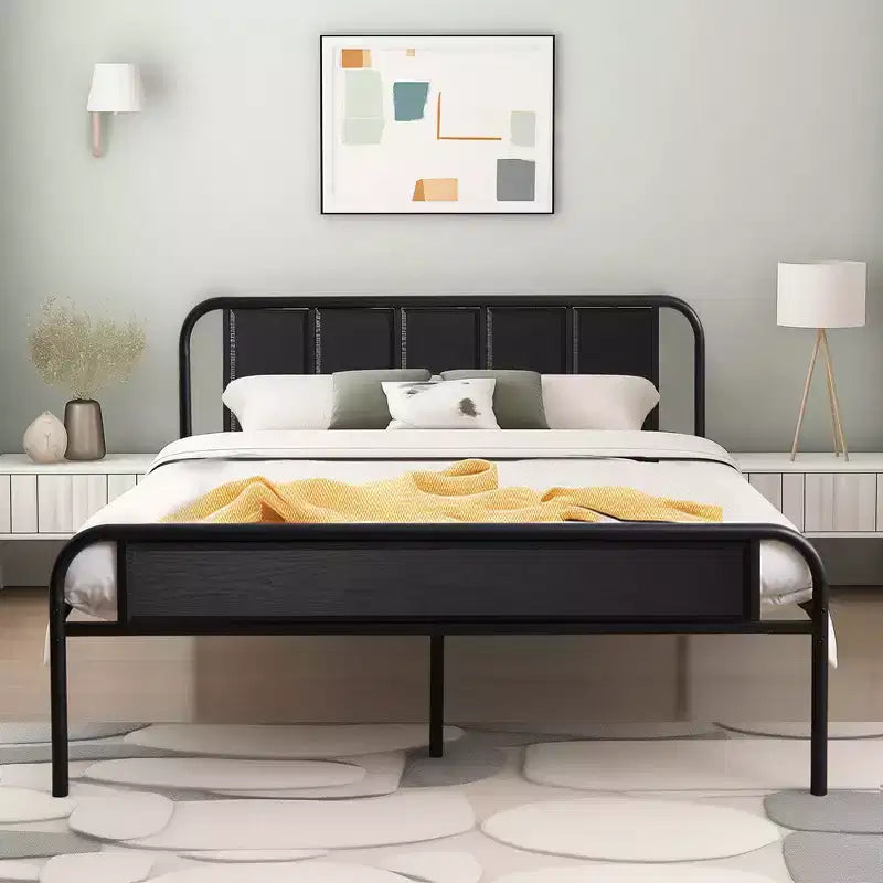Base de cama de metal con cabecero de vetas de madera, gris/negro/marrón, individual/matrimonial/Queen