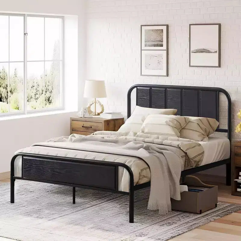 Base de cama de metal con cabecero de vetas de madera, gris/negro/marrón, individual/matrimonial/Queen