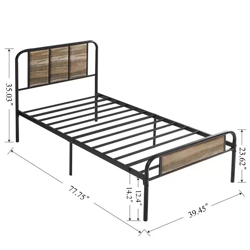 Base de cama de metal con cabecero de vetas de madera, gris/negro/marrón, individual/matrimonial/Queen