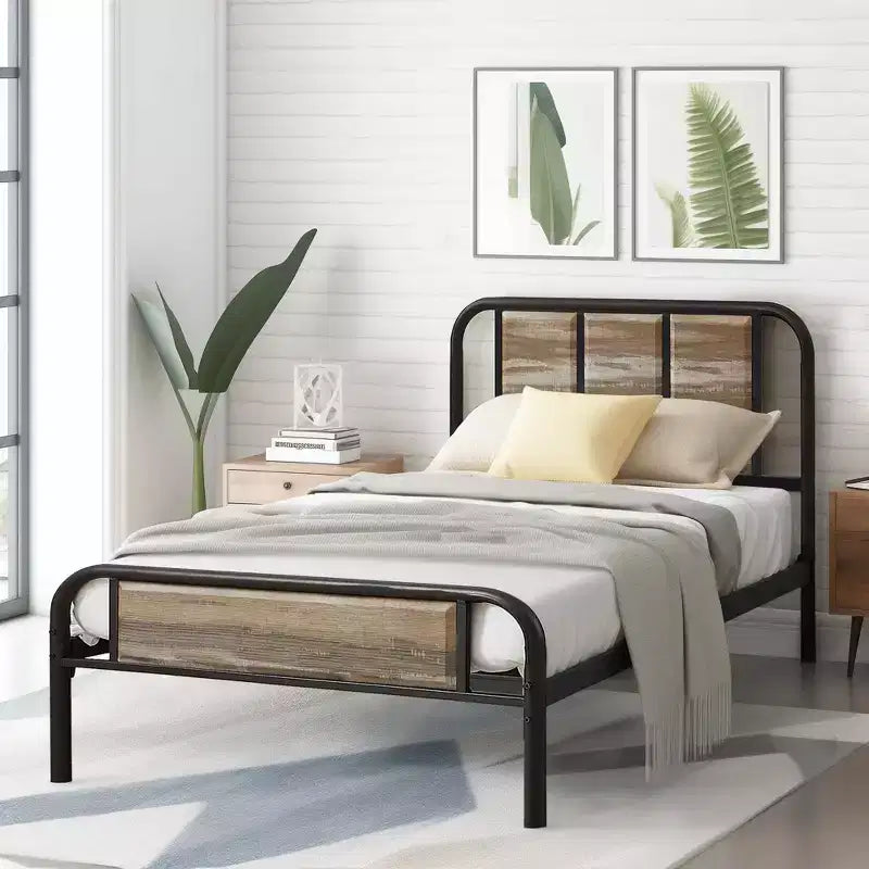 Base de cama de metal con cabecero de vetas de madera, gris/negro/marrón, individual/matrimonial/Queen