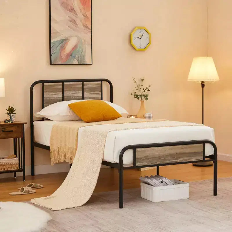Base de cama de metal con cabecero de vetas de madera, gris/negro/marrón, individual/matrimonial/Queen