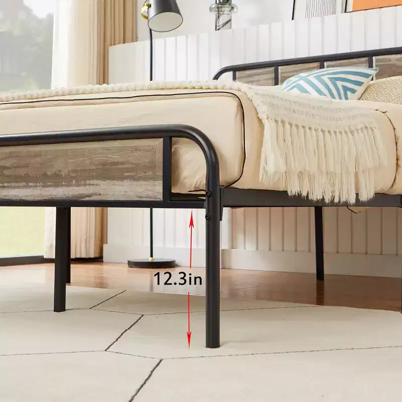 Base de cama de metal con cabecero de vetas de madera, gris/negro/marrón, individual/matrimonial/Queen