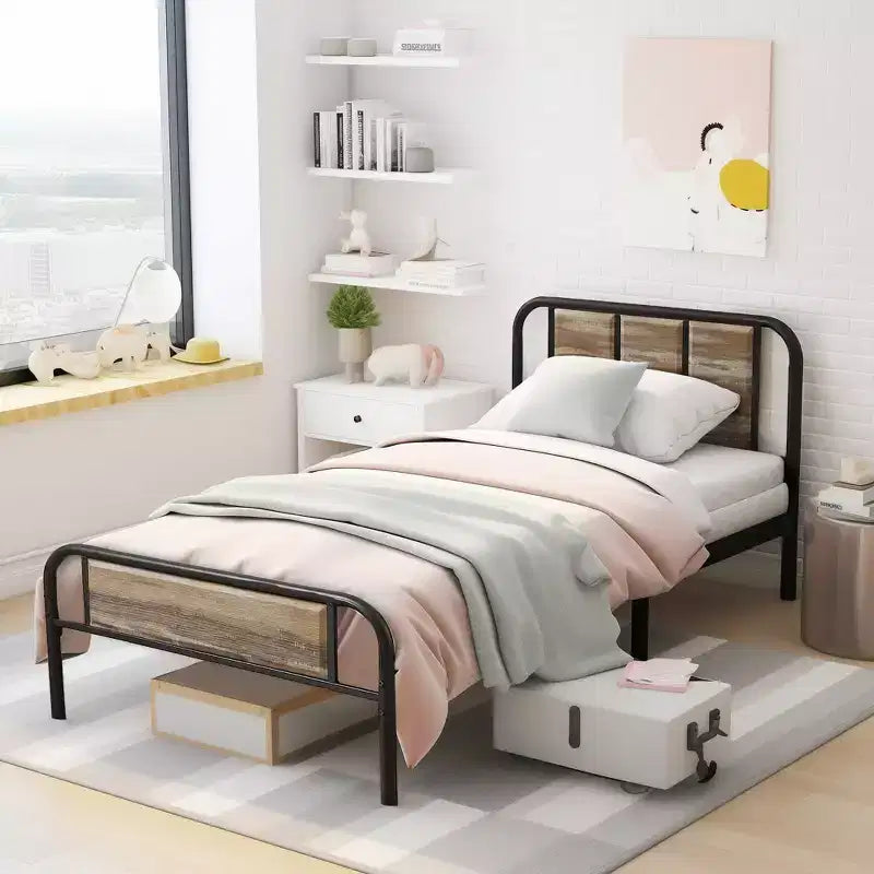 Base de cama de metal con cabecero de vetas de madera, gris/negro/marrón, individual/matrimonial/Queen
