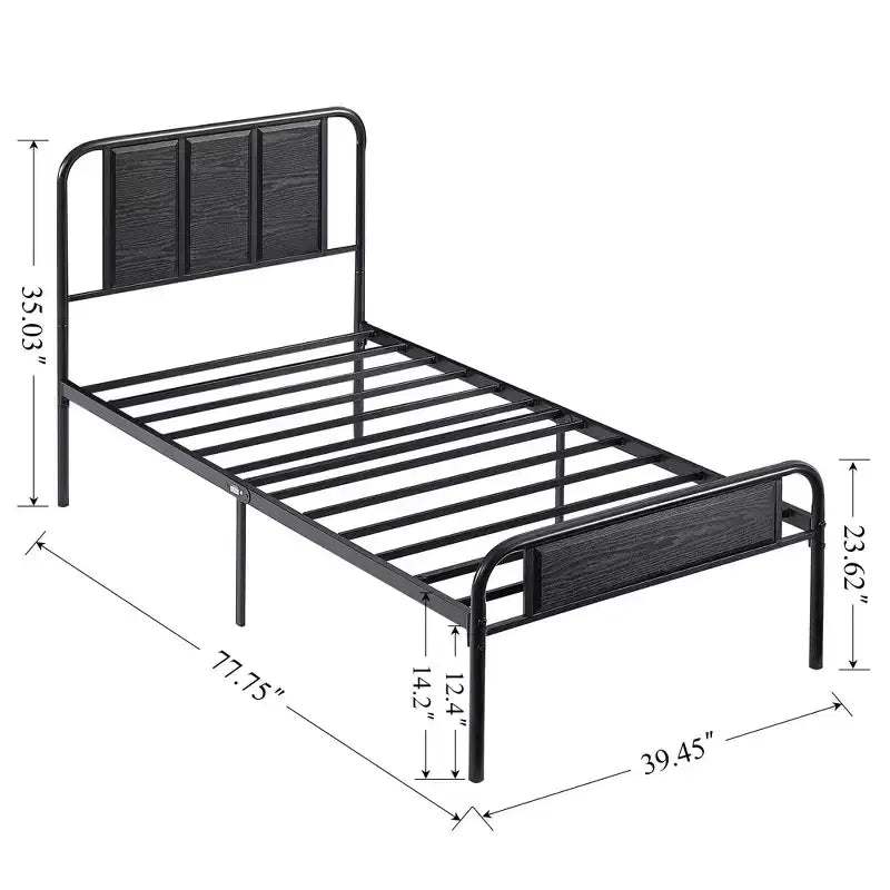 Base de cama de metal con cabecero de vetas de madera, gris/negro/marrón, individual/matrimonial/Queen