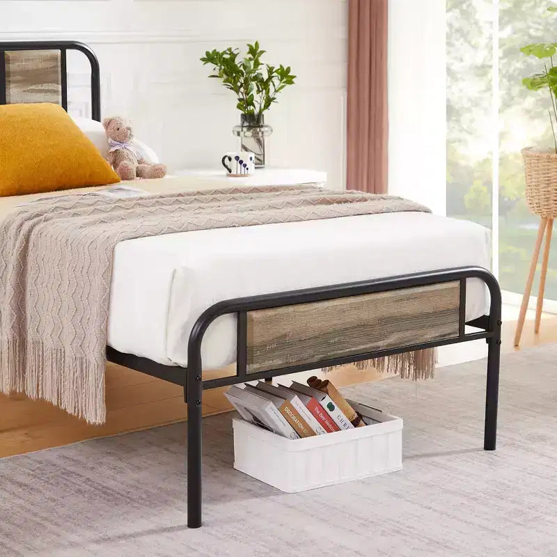 Base de cama de metal con cabecero de vetas de madera, gris/negro/marrón, individual/matrimonial/Queen