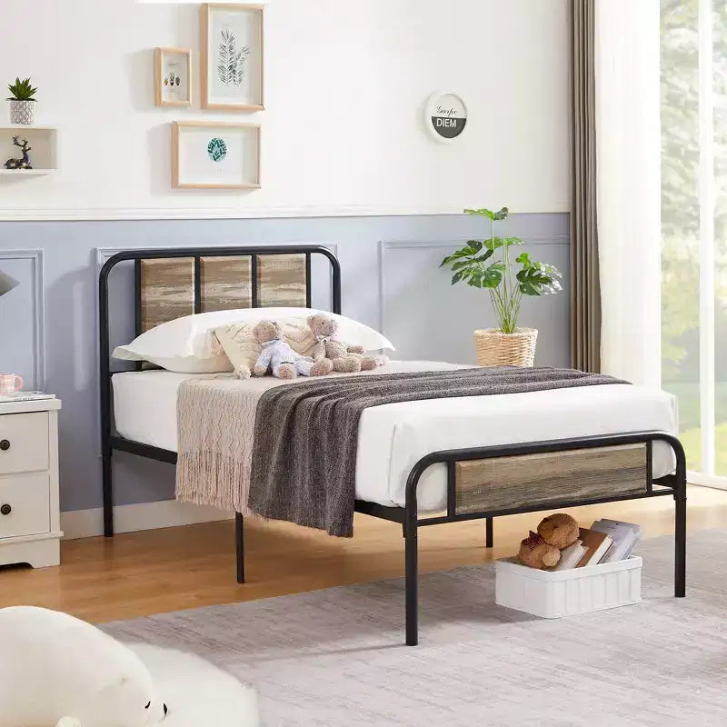 Base de cama de metal con cabecero de vetas de madera, gris/negro/marrón, individual/matrimonial/Queen