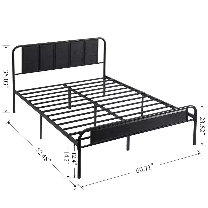 Base de cama de metal con cabecero de vetas de madera, gris/negro/marrón, individual/matrimonial/Queen