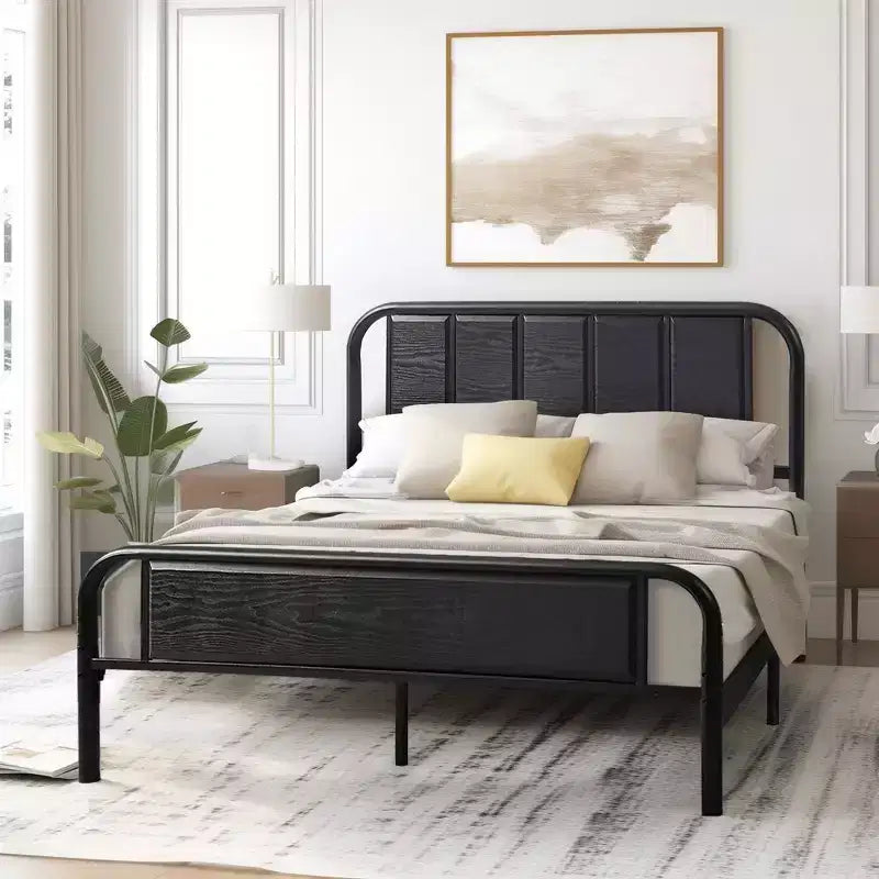 Base de cama de metal con cabecero de vetas de madera, gris/negro/marrón, individual/matrimonial/Queen