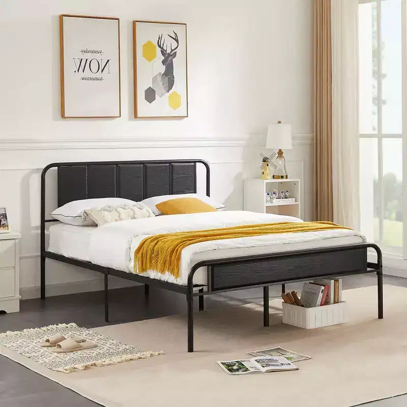 Base de cama de metal con cabecero de vetas de madera, gris/negro/marrón, individual/matrimonial/Queen
