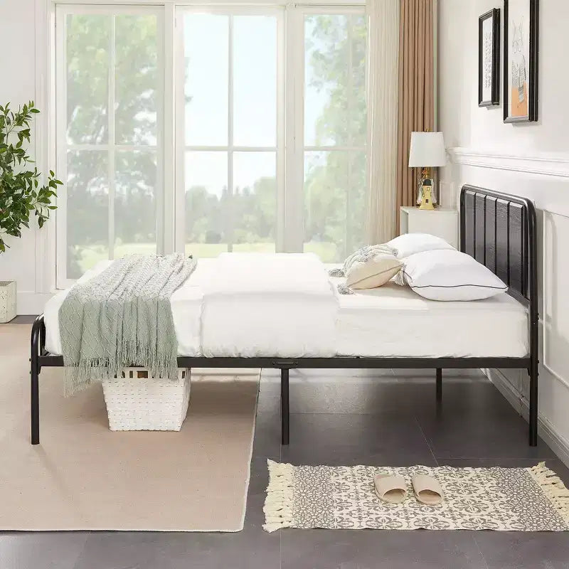 Base de cama de metal con cabecero de vetas de madera, gris/negro/marrón, individual/matrimonial/Queen