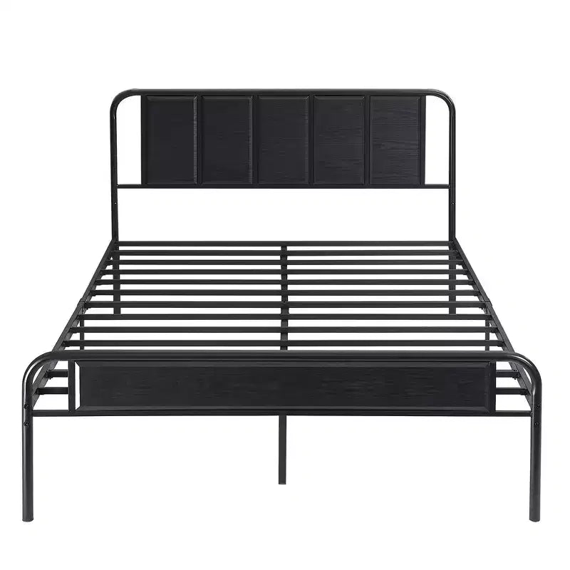 Base de cama de metal con cabecero de vetas de madera, gris/negro/marrón, individual/matrimonial/Queen