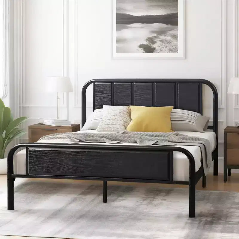 Base de cama de metal con cabecero de vetas de madera, gris/negro/marrón, individual/matrimonial/Queen