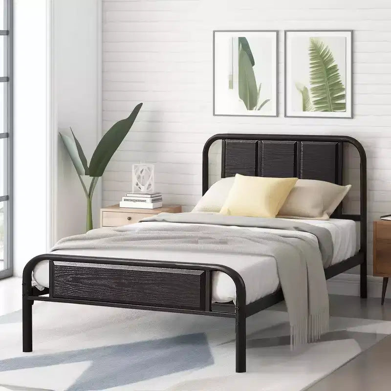 Base de cama de metal con cabecero de vetas de madera, gris/negro/marrón, individual/matrimonial/Queen