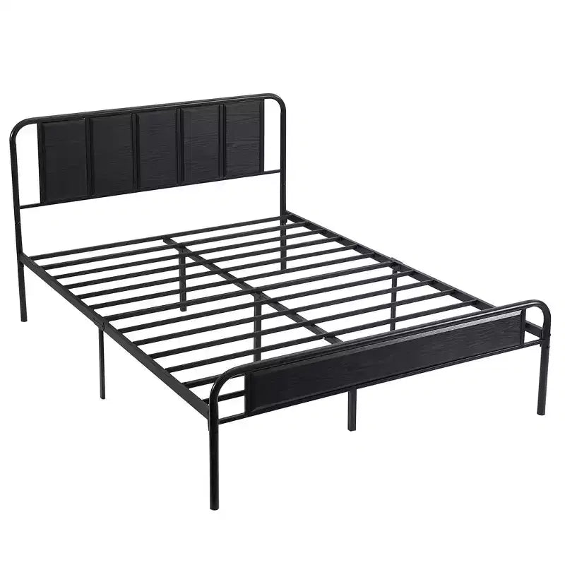 Base de cama de metal con cabecero de vetas de madera, gris/negro/marrón, individual/matrimonial/Queen