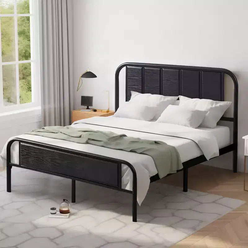 Base de cama de metal con cabecero de vetas de madera, gris/negro/marrón, individual/matrimonial/Queen