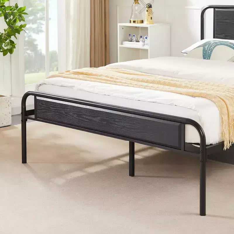 Base de cama de metal con cabecero de vetas de madera, gris/negro/marrón, individual/matrimonial/Queen