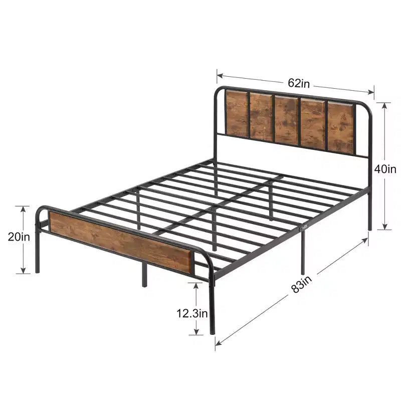 Base de cama de metal con cabecero de vetas de madera, gris/negro/marrón, individual/matrimonial/Queen