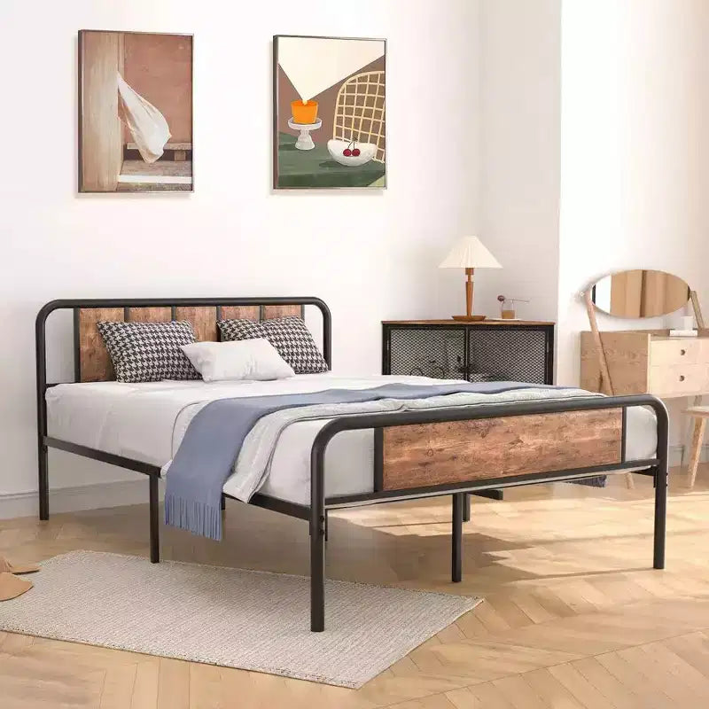 Base de cama de metal con cabecero de vetas de madera, gris/negro/marrón, individual/matrimonial/Queen