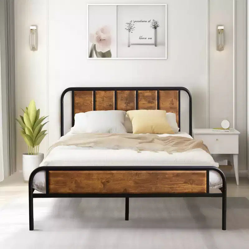 Base de cama de metal con cabecero de vetas de madera, gris/negro/marrón, individual/matrimonial/Queen