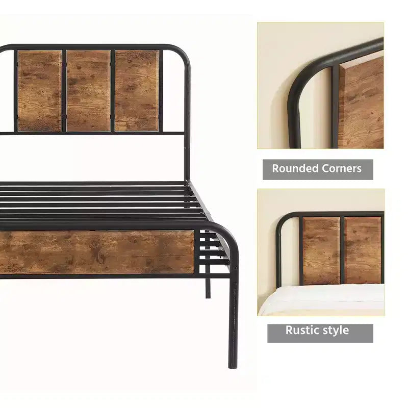 Base de cama de metal con cabecero de vetas de madera, gris/negro/marrón, individual/matrimonial/Queen