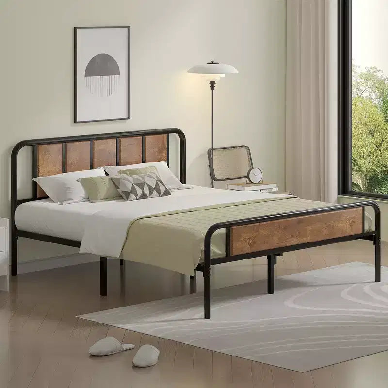 Base de cama de metal con cabecero de vetas de madera, gris/negro/marrón, individual/matrimonial/Queen