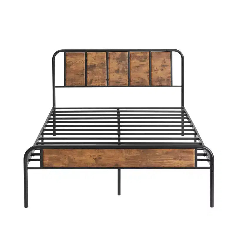Base de cama de metal con cabecero de vetas de madera, gris/negro/marrón, individual/matrimonial/Queen