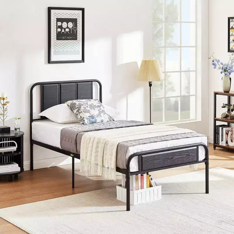 Base de cama de metal con cabecero de vetas de madera, gris/negro/marrón, individual/matrimonial/Queen