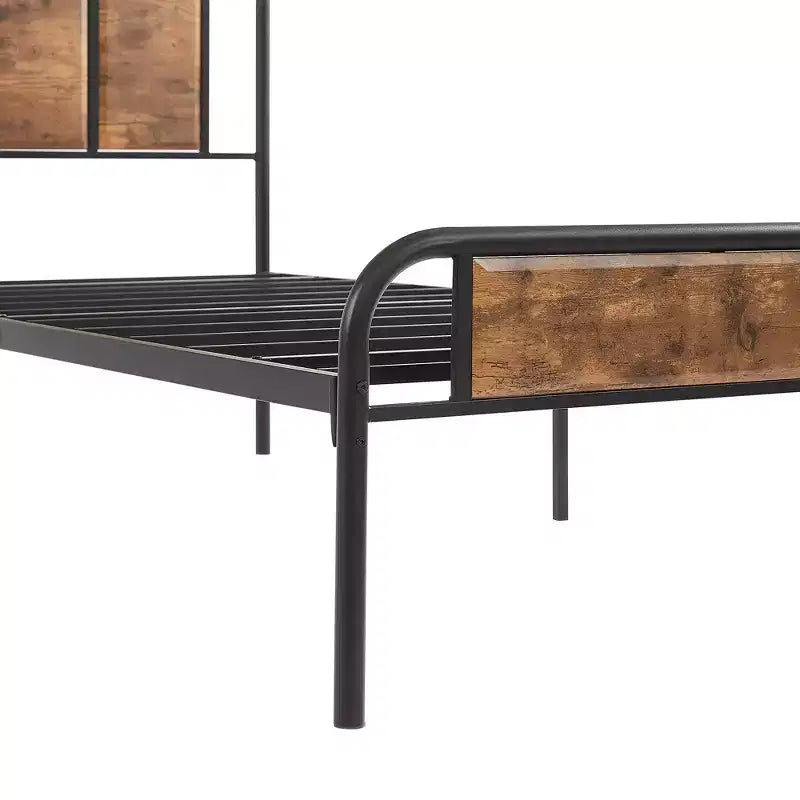 Base de cama de metal con cabecero de vetas de madera, gris/negro/marrón, individual/matrimonial/Queen