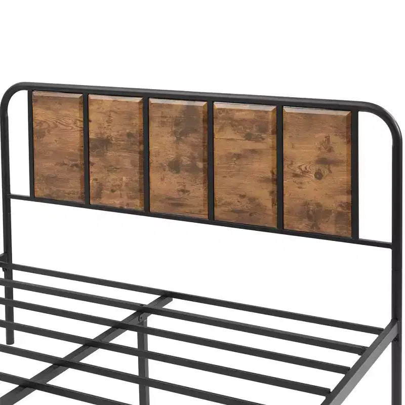 Base de cama de metal con cabecero de vetas de madera, gris/negro/marrón, individual/matrimonial/Queen