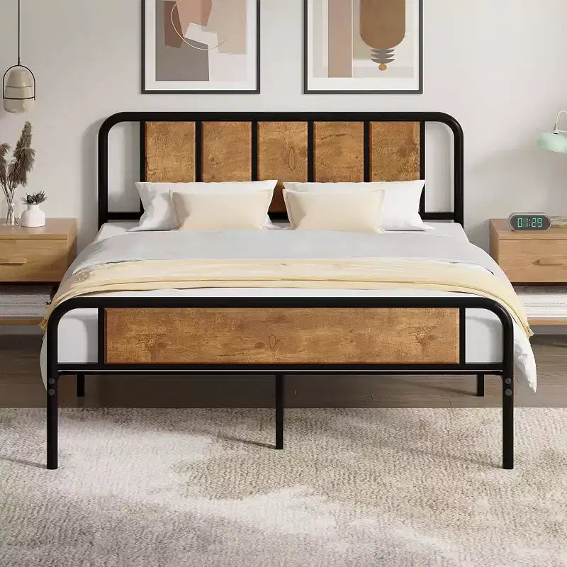 Base de cama de metal con cabecero de vetas de madera, gris/negro/marrón, individual/matrimonial/Queen