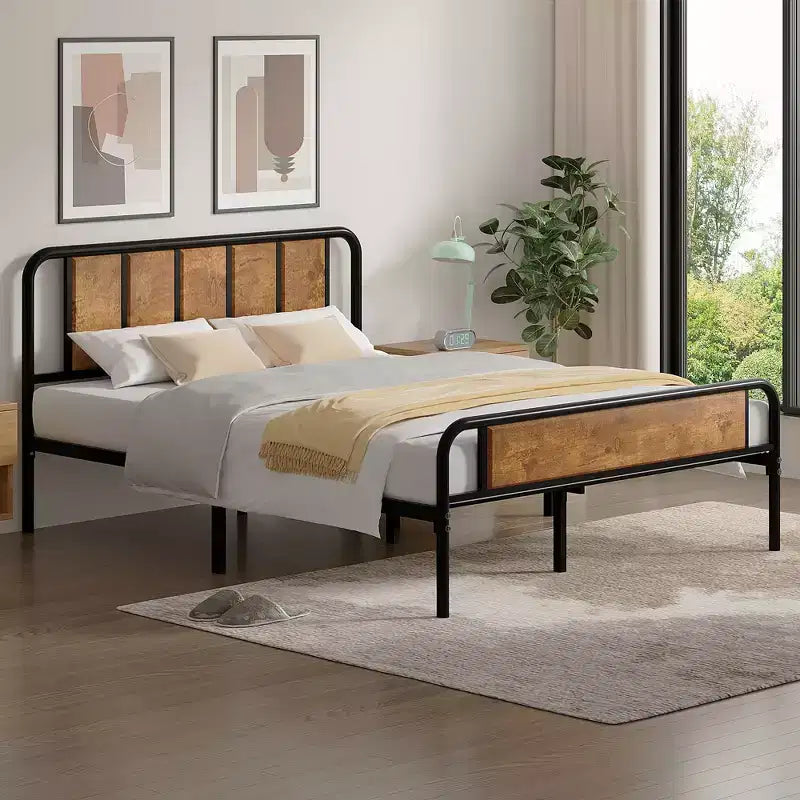 Base de cama de metal con cabecero de vetas de madera, gris/negro/marrón, individual/matrimonial/Queen