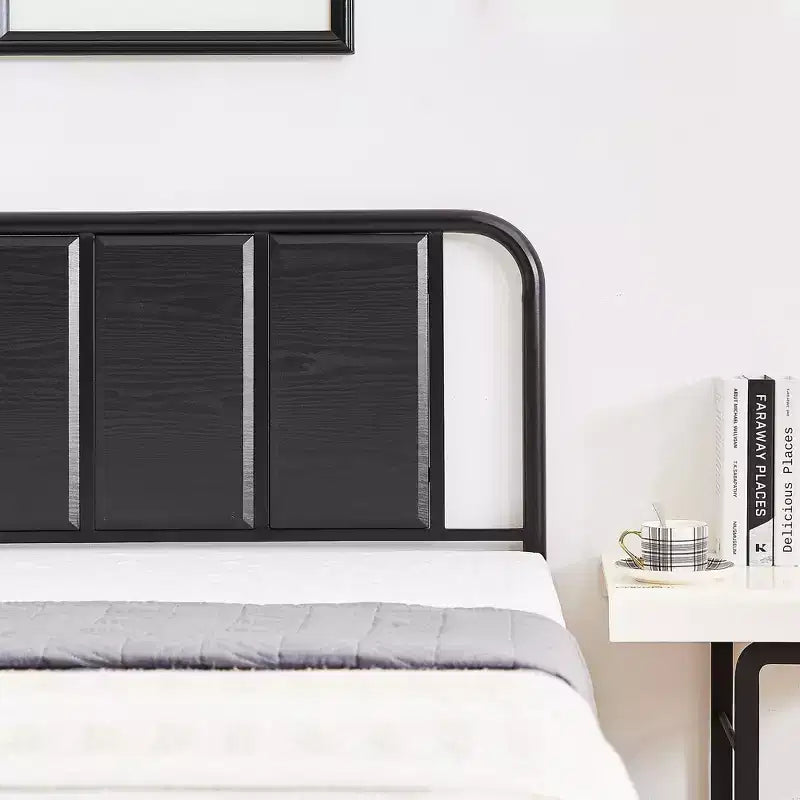 Base de cama de metal con cabecero de vetas de madera, gris/negro/marrón, individual/matrimonial/Queen