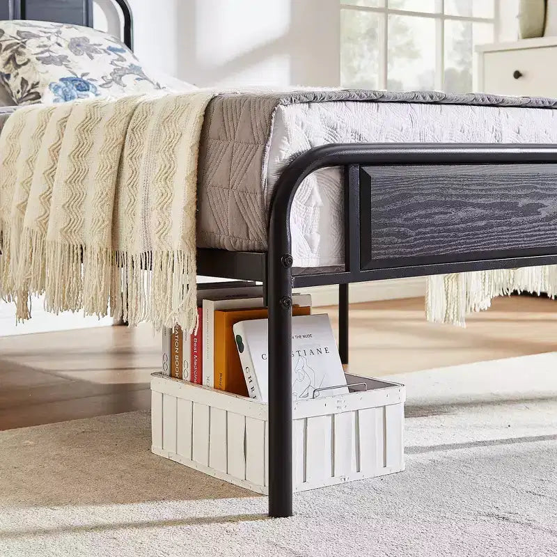 Base de cama de metal con cabecero de vetas de madera, gris/negro/marrón, individual/matrimonial/Queen