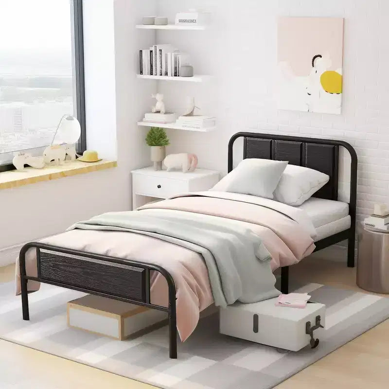 Base de cama de metal con cabecero de vetas de madera, gris/negro/marrón, individual/matrimonial/Queen