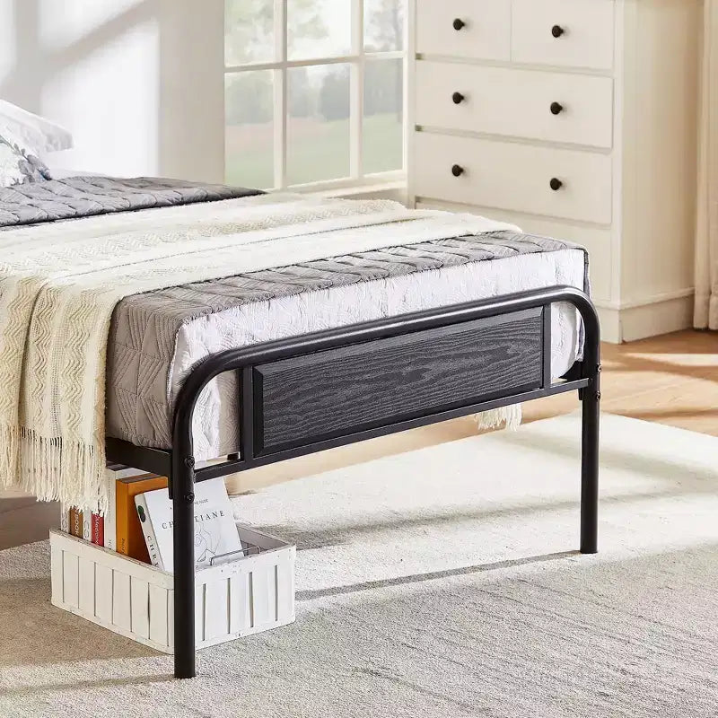 Base de cama de metal con cabecero de vetas de madera, gris/negro/marrón, individual/matrimonial/Queen