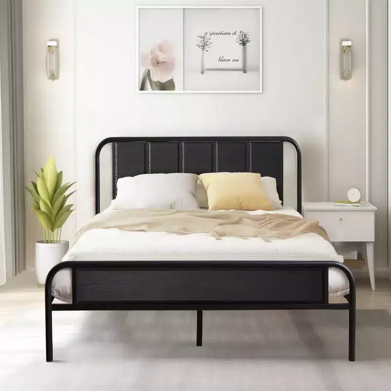 Base de cama de metal con cabecero de vetas de madera, gris/negro/marrón, individual/matrimonial/Queen