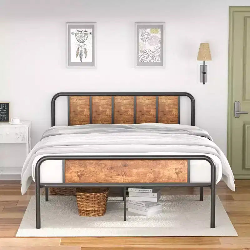 Base de cama de metal con cabecero de vetas de madera, gris/negro/marrón, individual/matrimonial/Queen