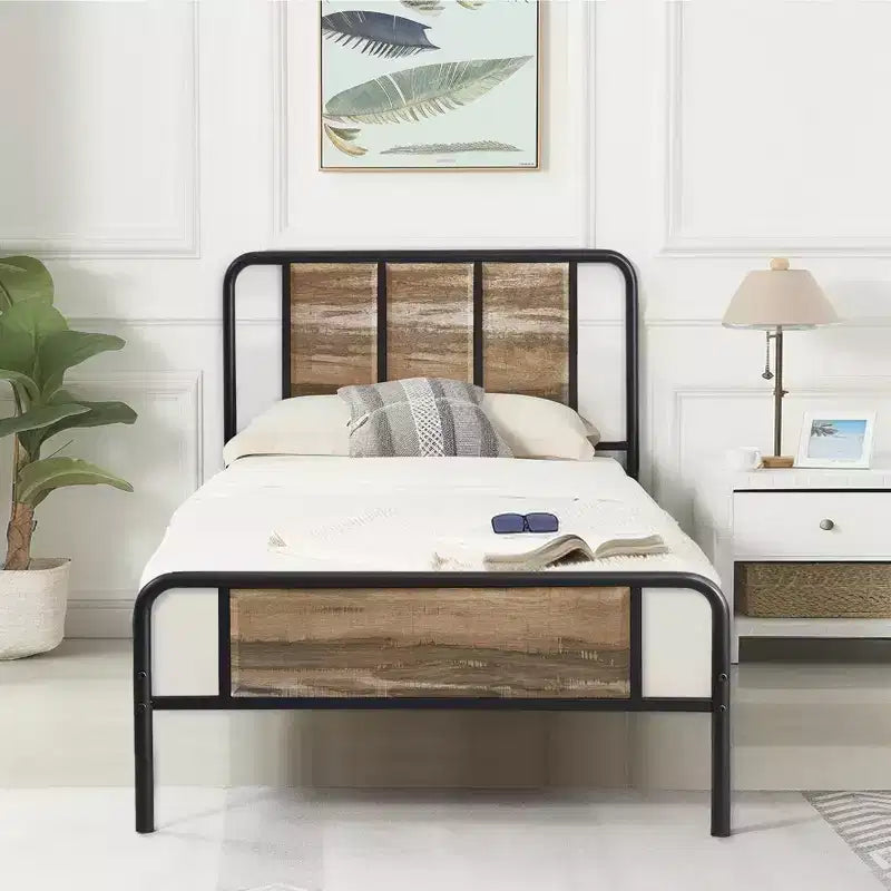 Base de cama de metal con cabecero de vetas de madera, gris/negro/marrón, individual/matrimonial/Queen