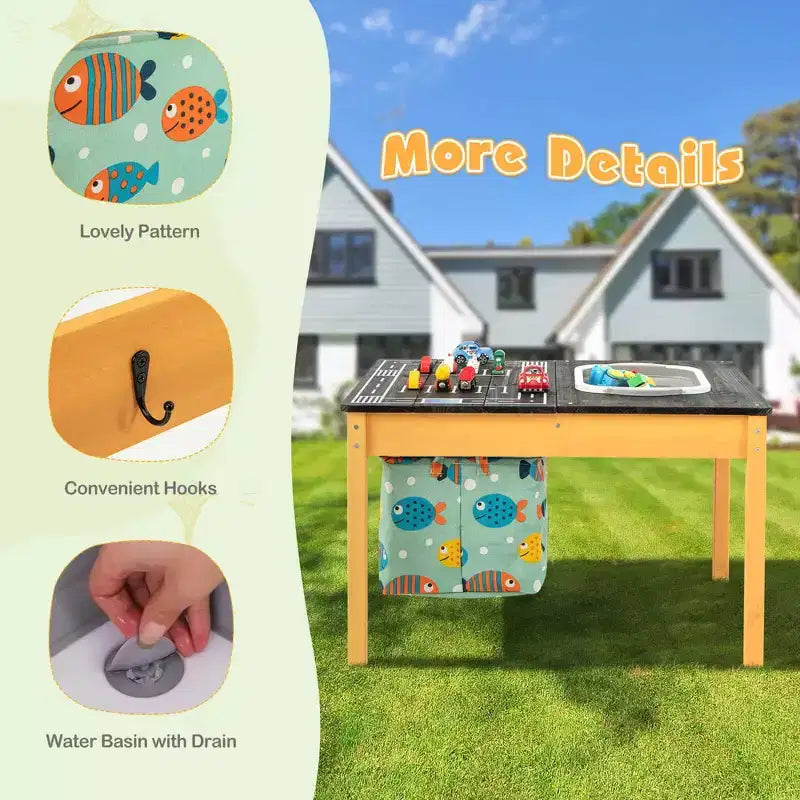 Mesa de actividades 3 en 1 para niños, natural y negra, para juegos de arena, agua y pistas de carreras, para 2 a 4 usuarios de 3 a 8 años