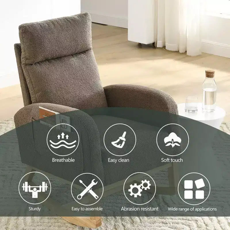 Sillón mecedora deslizante tapizado beige/café/gris/marfil con bolsillos laterales, asiento individual