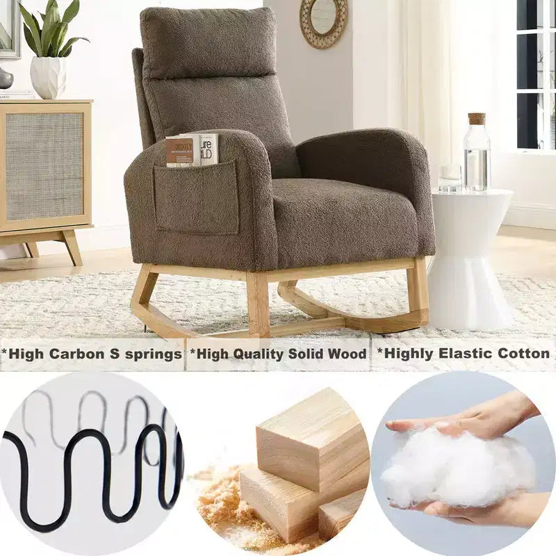 Sillón mecedora deslizante tapizado beige/café/gris/marfil con bolsillos laterales, asiento individual