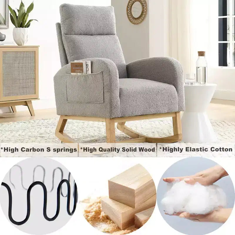 Sillón mecedora deslizante tapizado beige/café/gris/marfil con bolsillos laterales, asiento individual