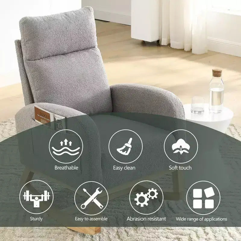 Sillón mecedora deslizante tapizado beige/café/gris/marfil con bolsillos laterales, asiento individual