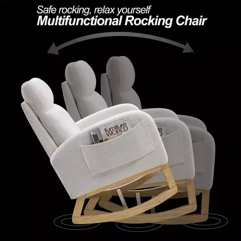 Sillón mecedora deslizante tapizado beige/café/gris/marfil con bolsillos laterales, asiento individual