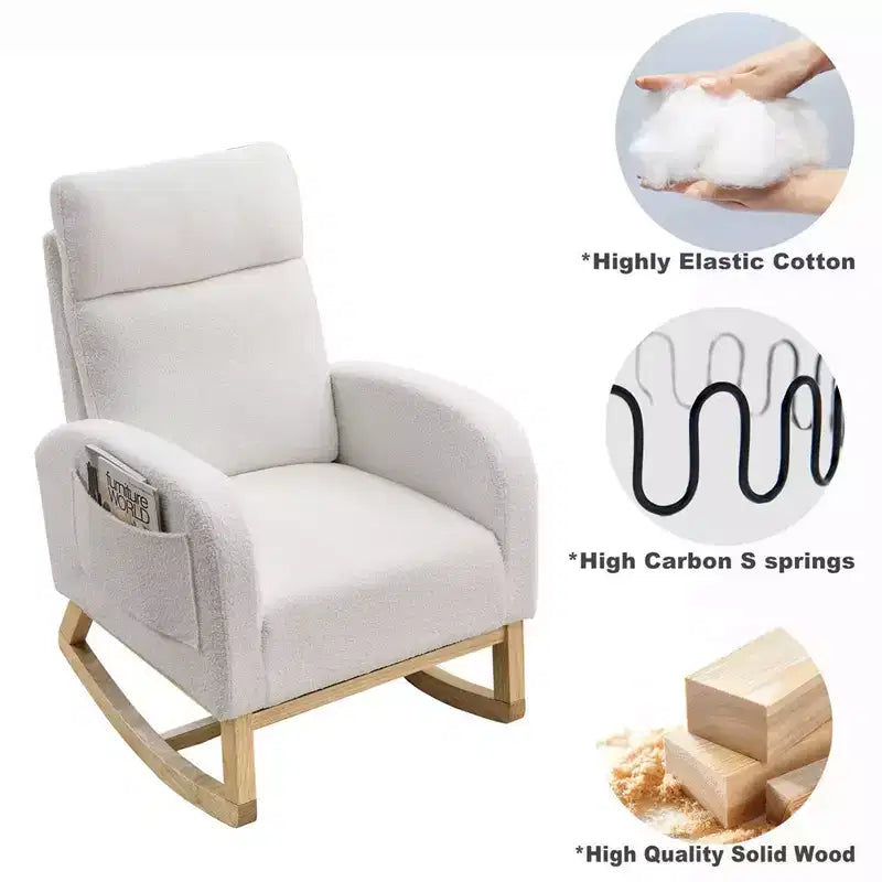Sillón mecedora deslizante tapizado beige/café/gris/marfil con bolsillos laterales, asiento individual
