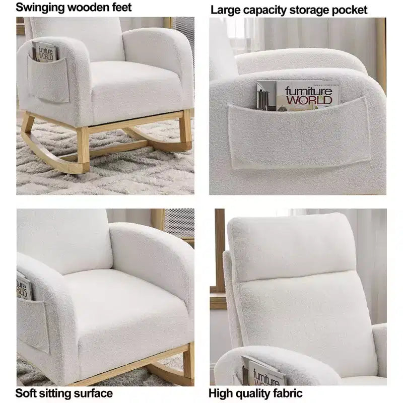 Sillón mecedora deslizante tapizado beige/café/gris/marfil con bolsillos laterales, asiento individual